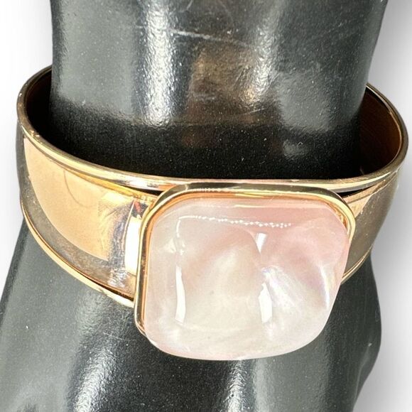Pink Quartz Cuff Bronze Italy Bracelet Signed - Picture 4 of 8